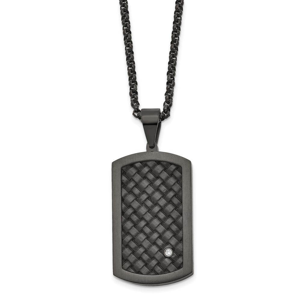 Stainless Steel Brushed Black IP w/Black Leather & CZ Dog Tag Necklace, 24 mm