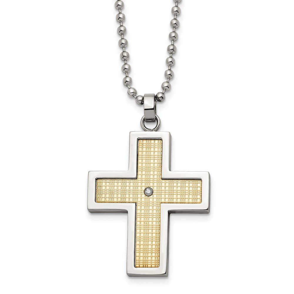 Chisel Stainless Steel Polished with 18k Gold Accent .02 carat Diamond Cross Pendant on a 24 inch Ball Chain Necklace, 0.02 ct, 24 x 30 mm