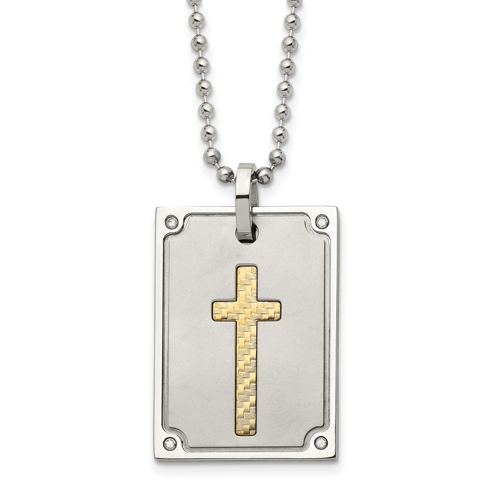 Stainless Steel w/18k Brushed and Polished 1/20ct Dia Cross Necklace, 0.06 ct, 24 x 24.9 mm