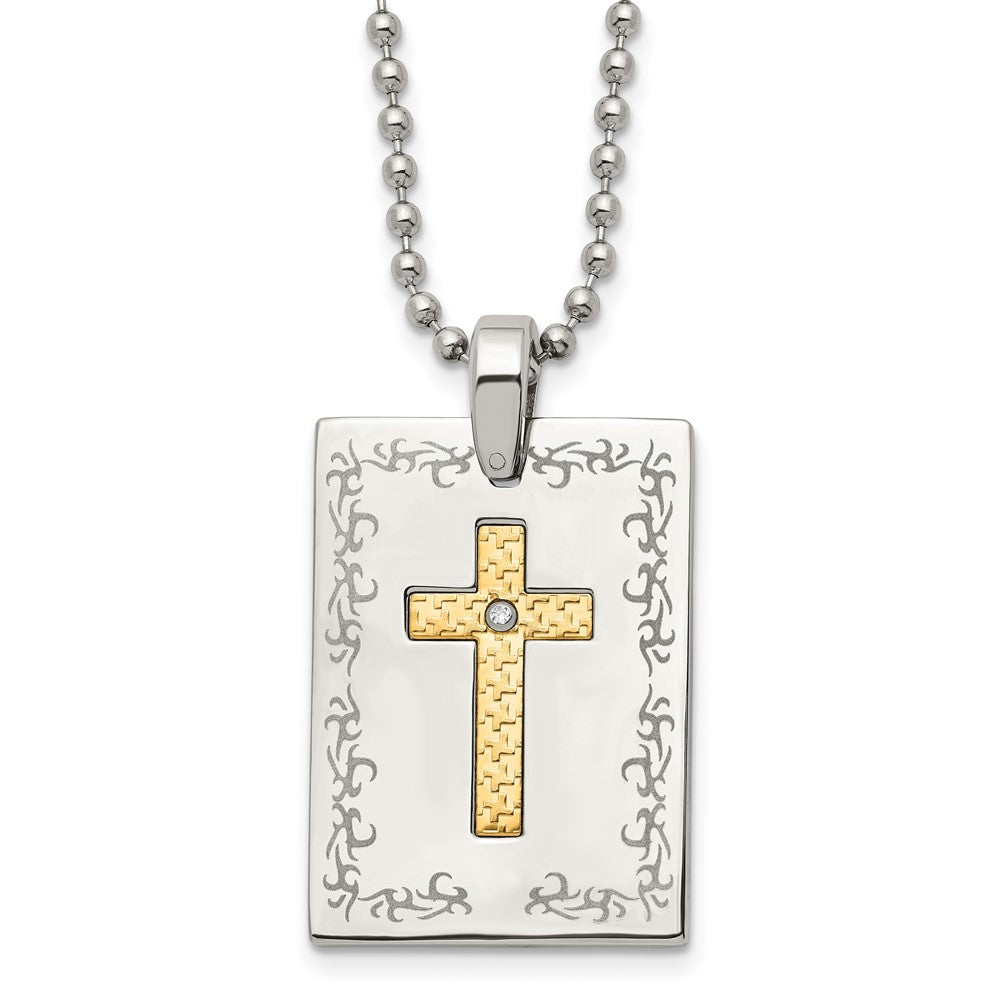 Stainless Steel w/18k Polished Laser Etched w/.01ct Dia Cross Necklace, 0.015 ct, 24 x 35.02 mm