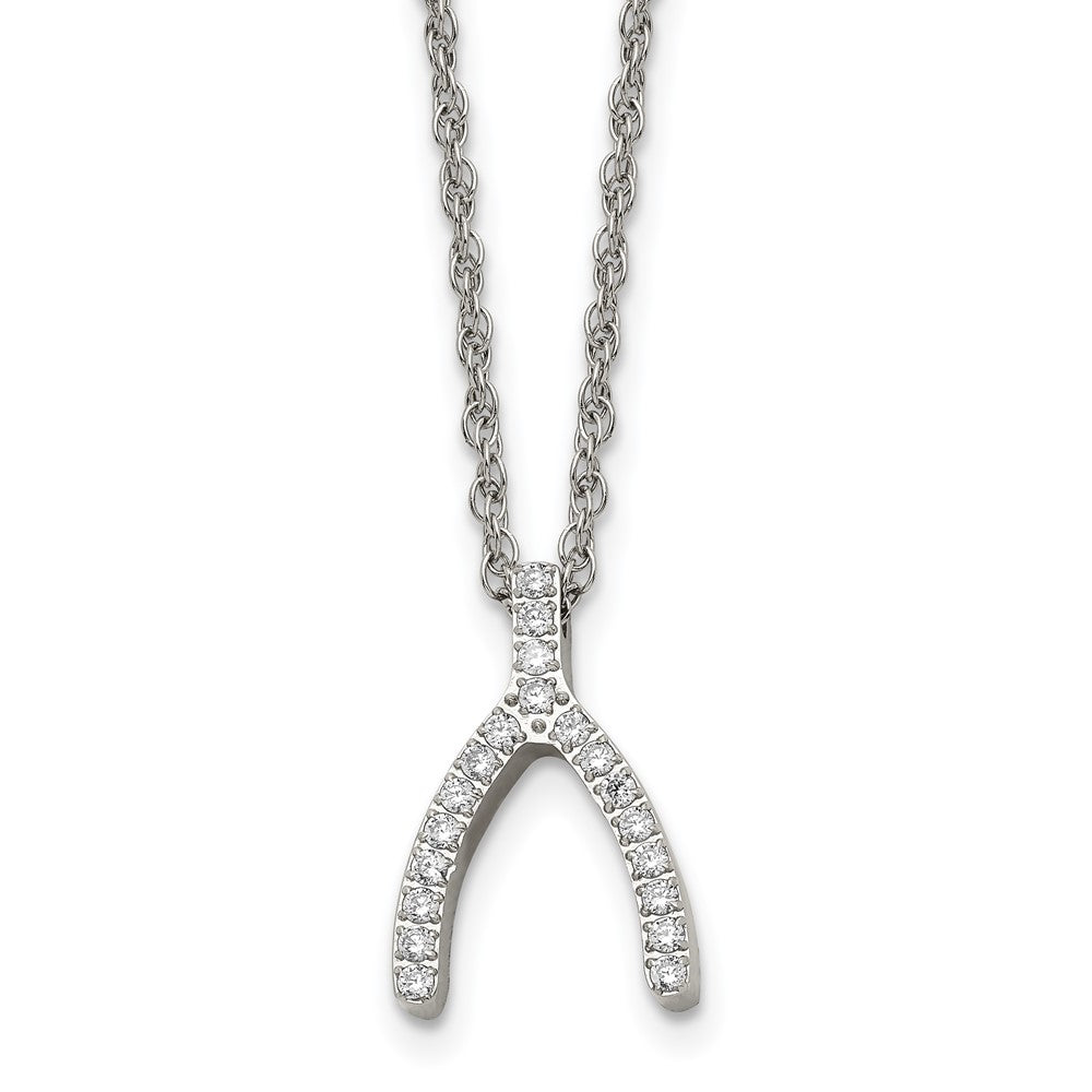 Stainless Steel Polished CZ Wishbone 15.5in Necklace, 15.5 mm
