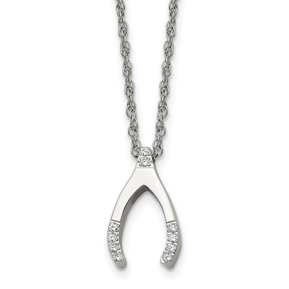 Chisel Stainless Steel Polished with CZ Wishbone on a 15.5 inch Multi-Link Chain Necklace, 15.5 x 11.5 mm
