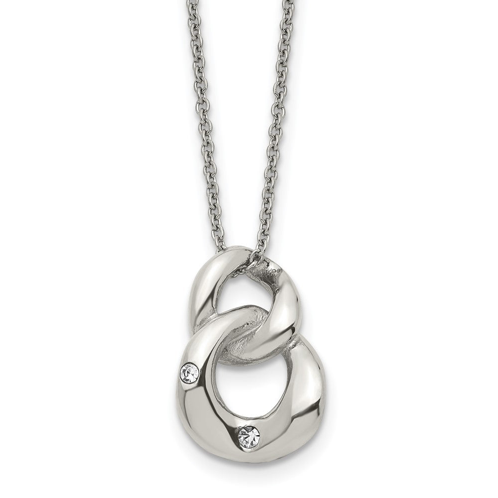 Stainless Steel Polished w/Crystal Two Loop 18in Necklace, 18 mm