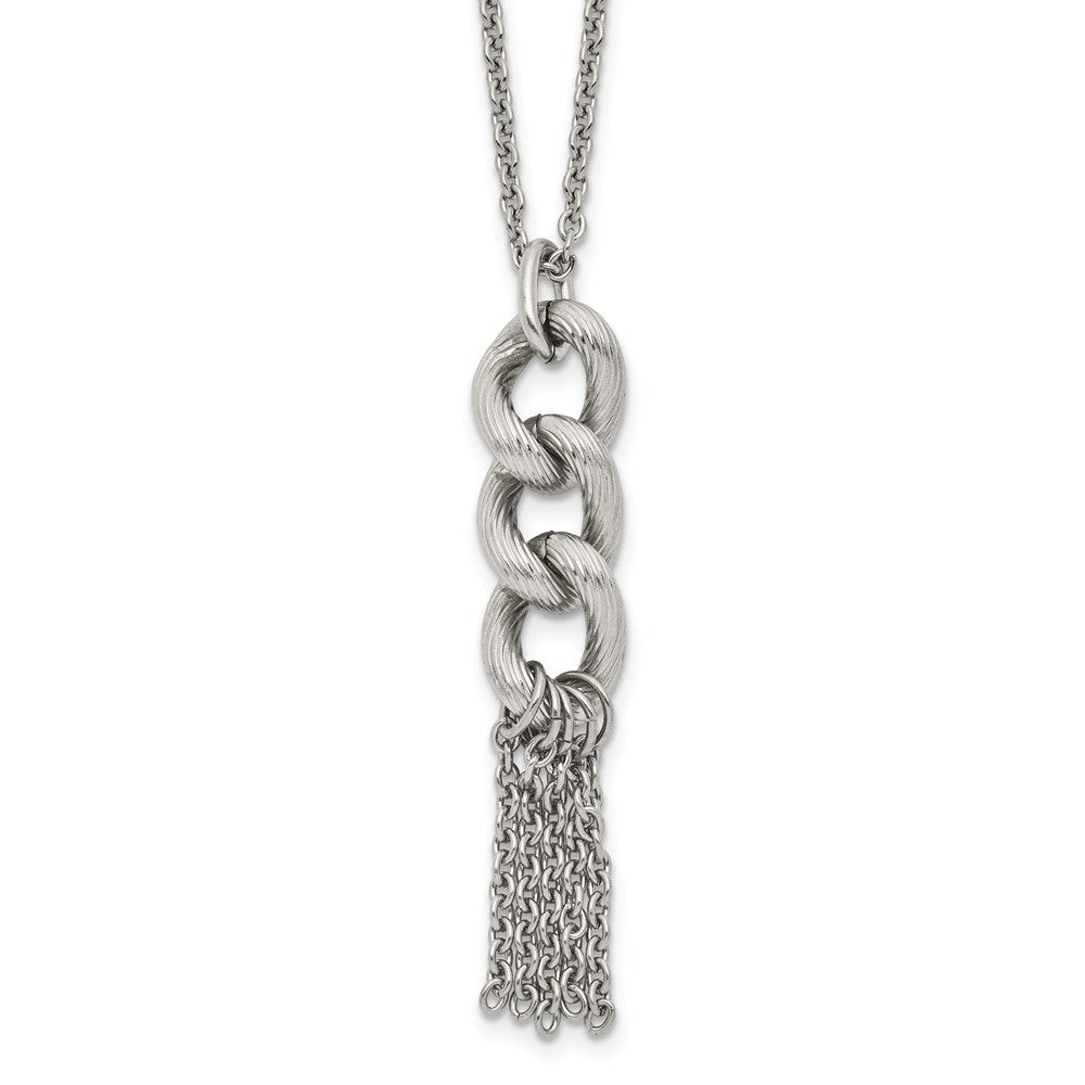 Stainless Steel Polished and Textured Chain Dangle w/2in ext Necklace, 16.25 mm