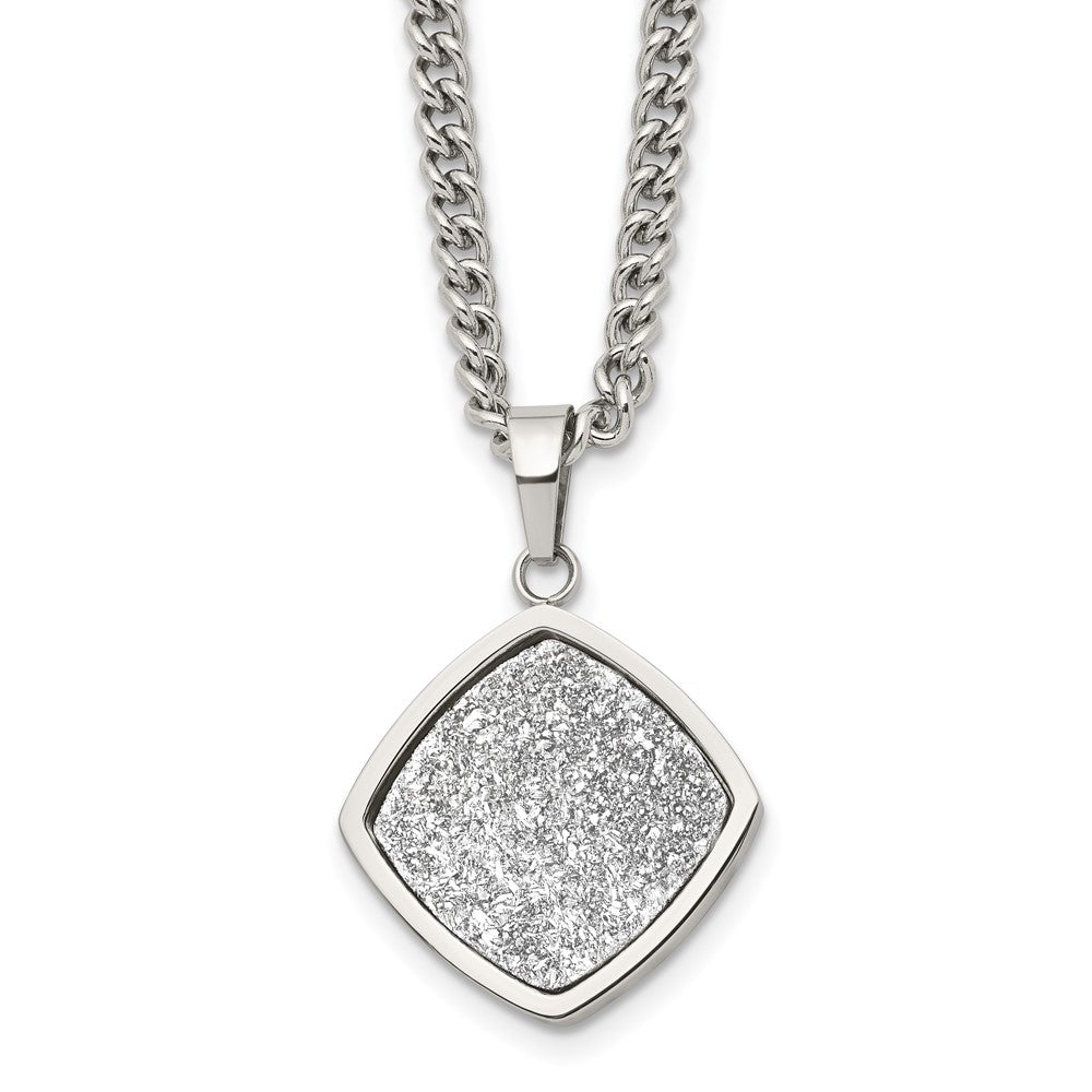 Stainless Steel Polished with Silver Druzy 27.25in Necklace, 27.25 mm