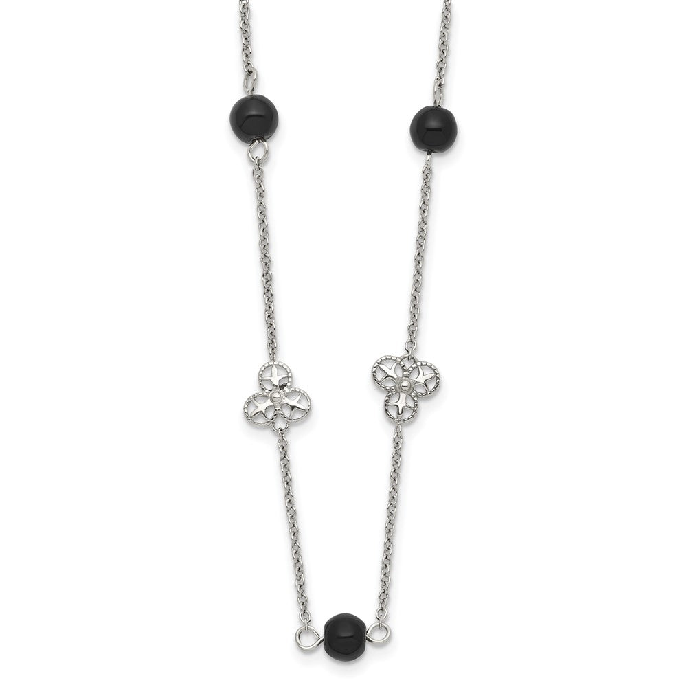 Stainless Steel Polished w/Black Acrylic Bead 33in Necklace, 33 mm