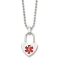 Chisel Stainless Steel Polished with Red Enamel Heart Lock Medical ID Pendant on a 24 inch Ball Chain Necklace, 24 x 18.65 mm
