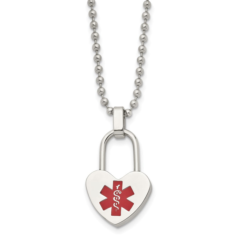 Chisel Stainless Steel Polished with Red Enamel Heart Lock Medical ID Pendant on a 24 inch Ball Chain Necklace, 24 x 18.65 mm