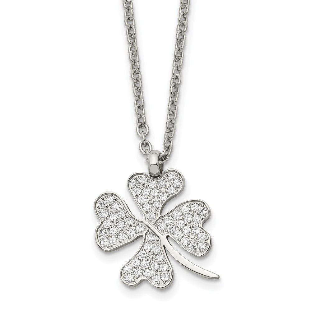 Chisel Stainless Steel Polished CZ Four Leaf Clover Pendant on a 22 inch Cable Chain Necklace, 22 x 19.5 mm