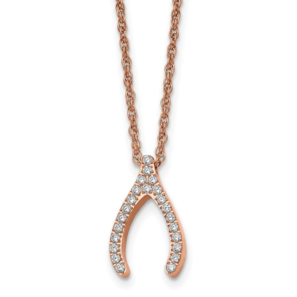 Stainless Steel Polished Rose IP-plated CZ Wishbone 16in Necklace, 16 mm