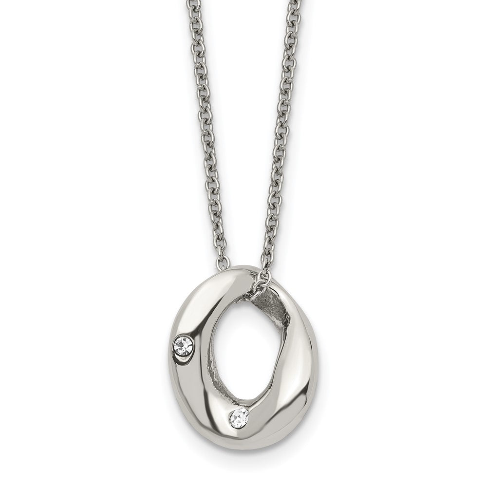 Stainless Steel Polished Wavy Circle w/Crystal 18in Necklace, 18 mm