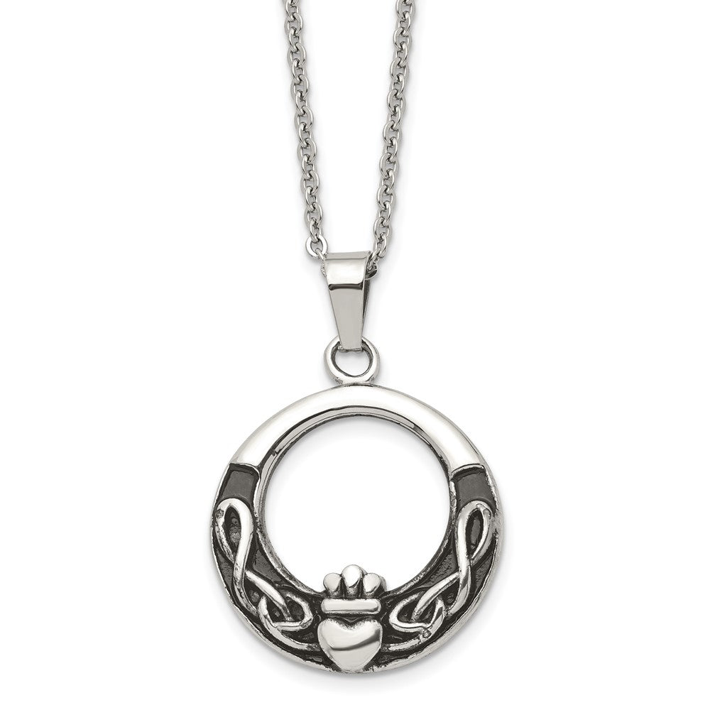 Chisel Stainless Steel Antiqued and Polished Claddagh Pendant on a 18 inch Cable Chain Necklace, 18 x 30 mm