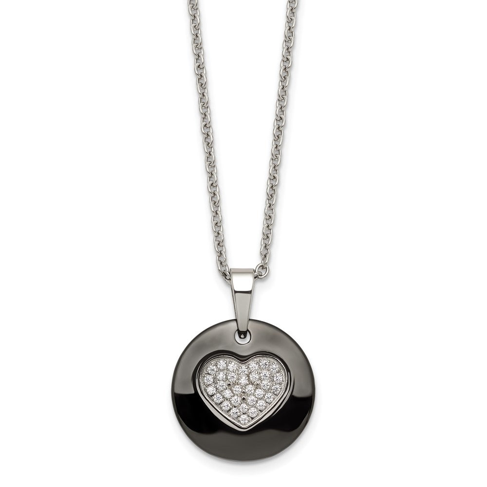 Stainless Steel Polished Black Ceramic w/CZ Heart 22in Necklace, 22 mm