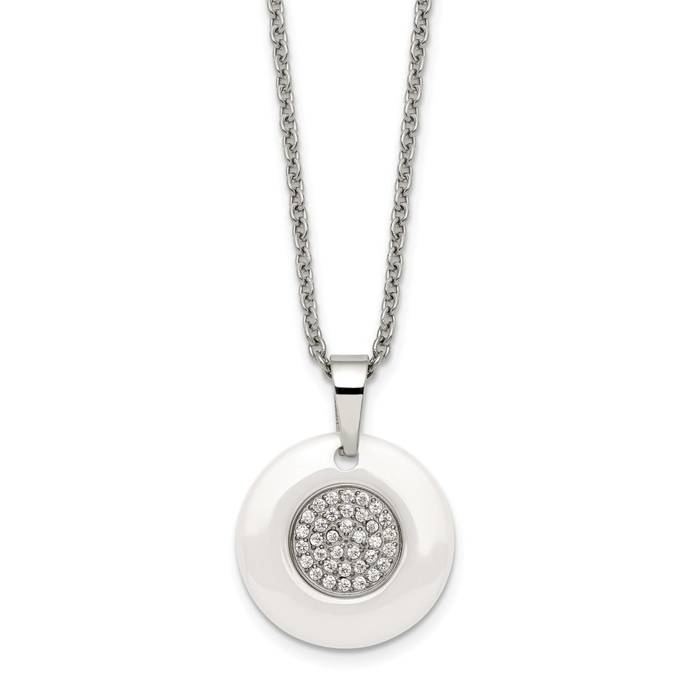Stainless Steel Polished White Ceramic w/CZ Circle 22in Necklace, 22 x 19.8 mm