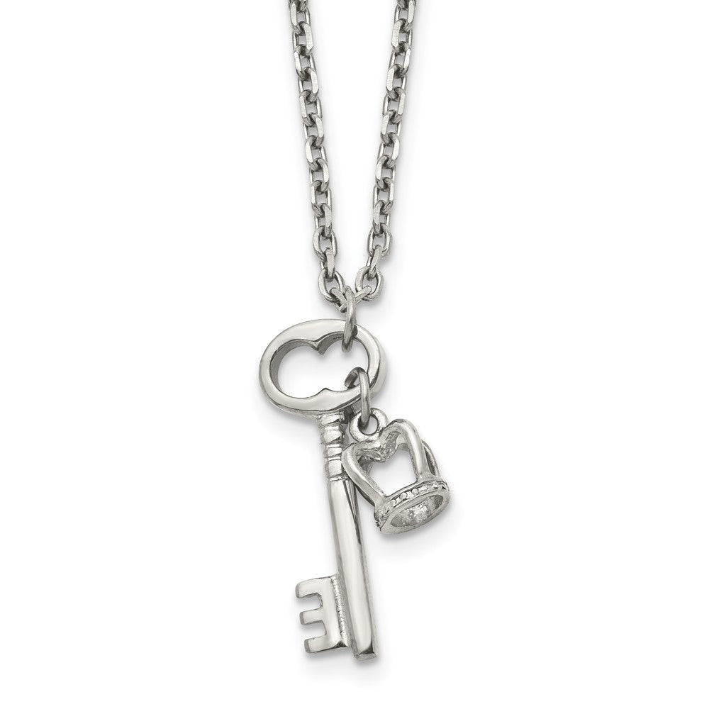 Stainless Steel Polished Key and Crown 15.5in w/2in ext Necklace, 15.5 mm