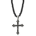 Stainless Steel Polished w/Black CZ & Black Glass Beads Cross Necklace, 18 mm
