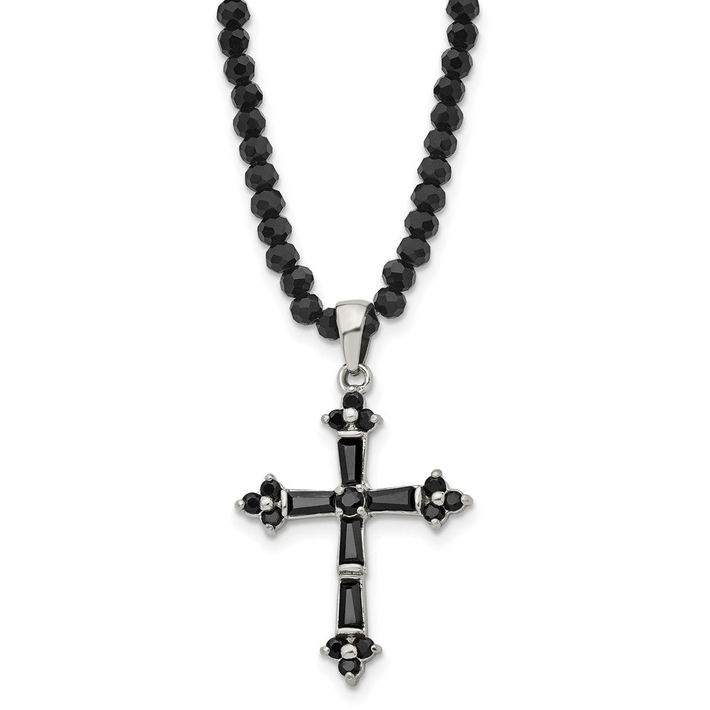 Stainless Steel Polished w/Black CZ & Black Glass Beads Cross Necklace, 18 mm