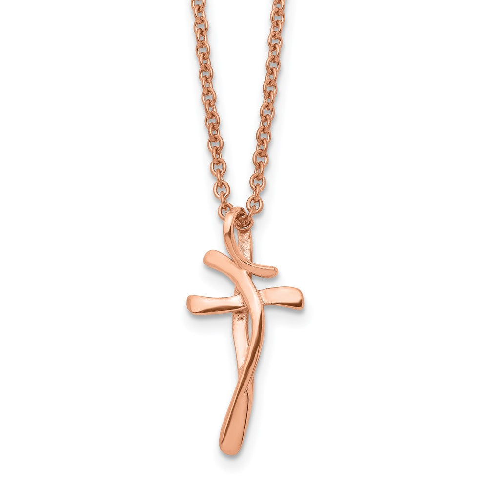 Chisel Stainless Steel Polished Rose IP-plated Twisted Cross Pendant on an 18.25 inch Cable Chain Necklace, 18.25 x 12 mm