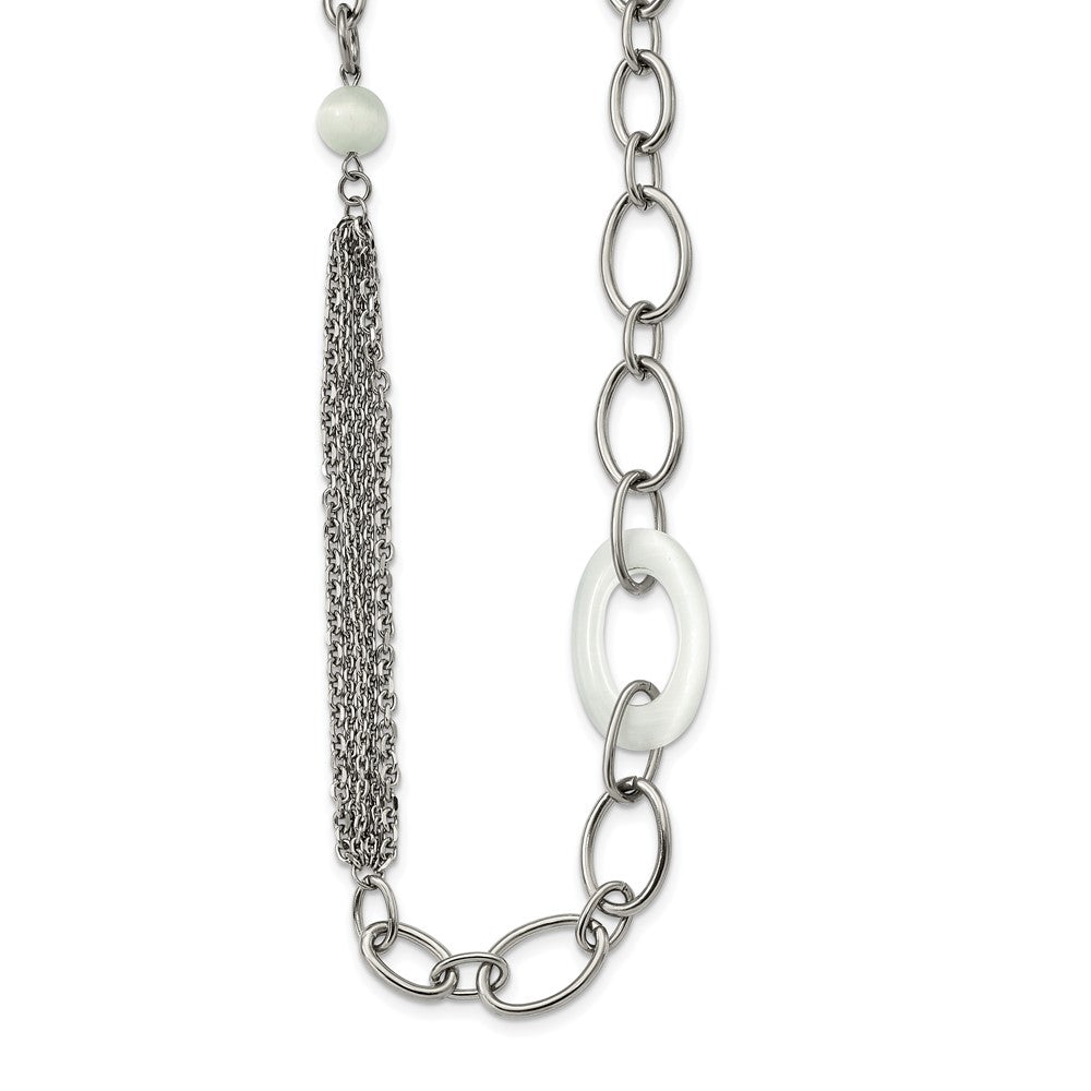 Stainless Steel Polished w/White Cat's Eye Slip-on 38in Necklace, 38 mm