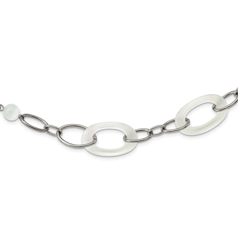 Stainless Steel Polished White Cat's Eye 16in w/2in ext Necklace, 16 mm