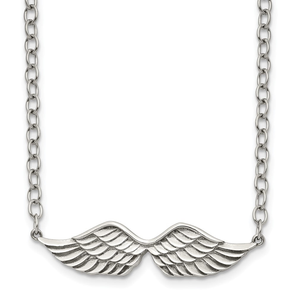Stainless Steel Polished and Textured Angel Wings 16in w/2in ext Necklace, 16 mm