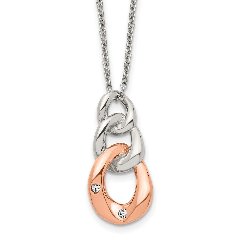 Stainless Steel Polished Rose IP-plated w/Crystal Three Loop 18in Necklace, 18 mm