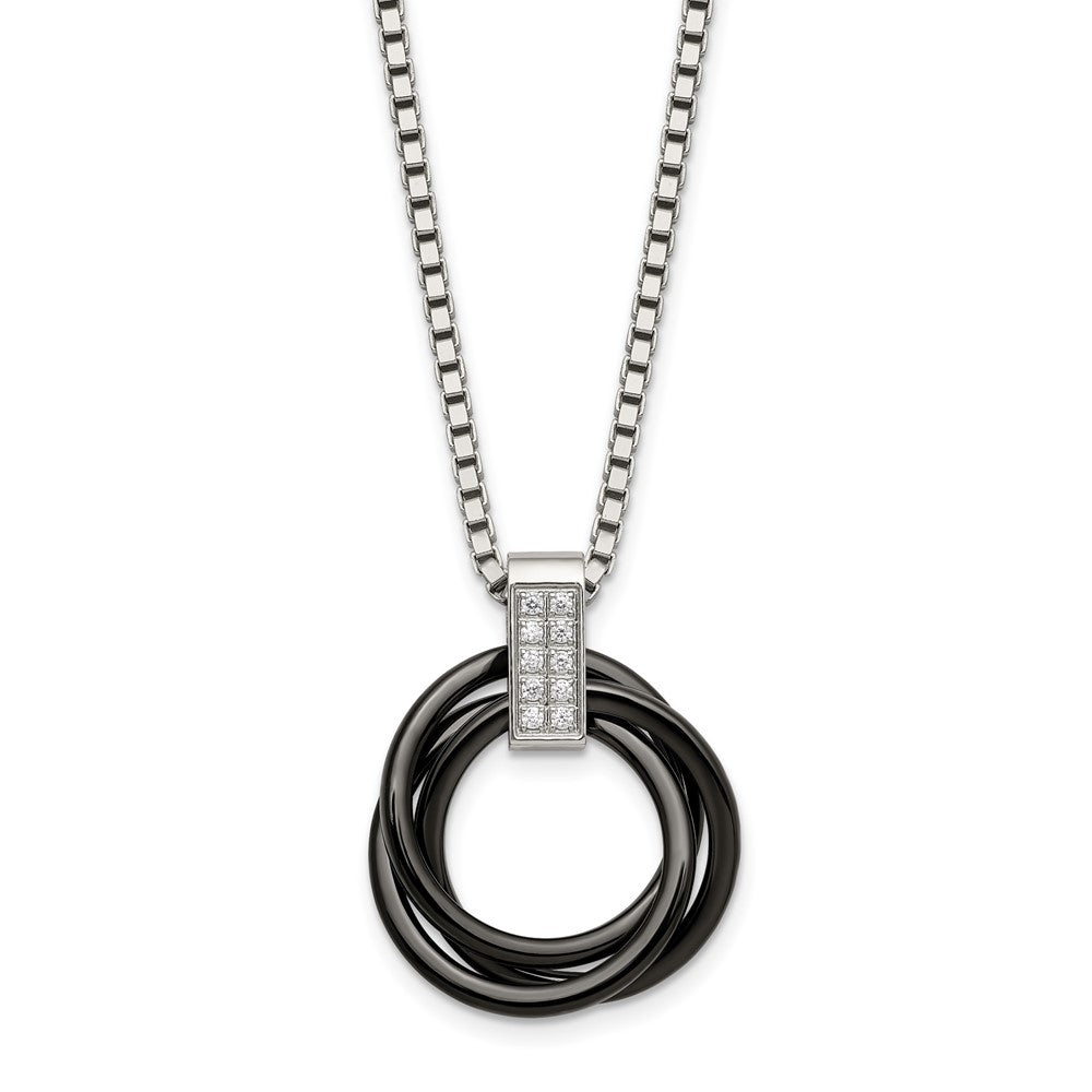 Stainless Steel Polished Black Ceramic Multi Circles w/CZ 22in Necklace, 22 mm