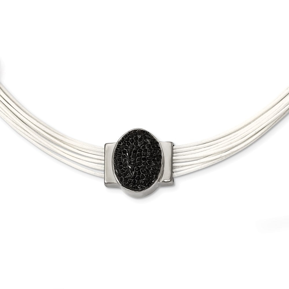 Stainless Steel 18+2in ext Cotton Cord Polished Blk Crystal Necklace, 18 mm