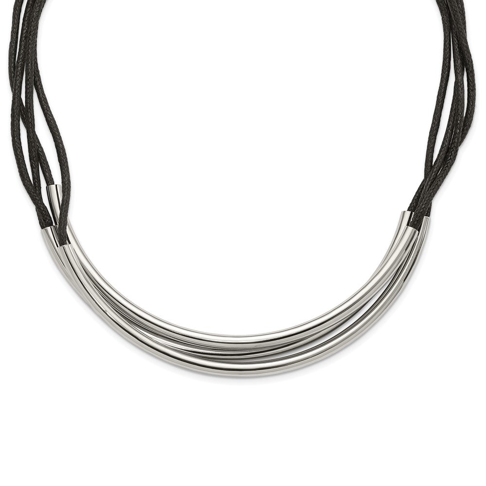 Stainless Steel Polished 3 Tube w/ Black Wax Cord Necklace, 18 x 5 mm