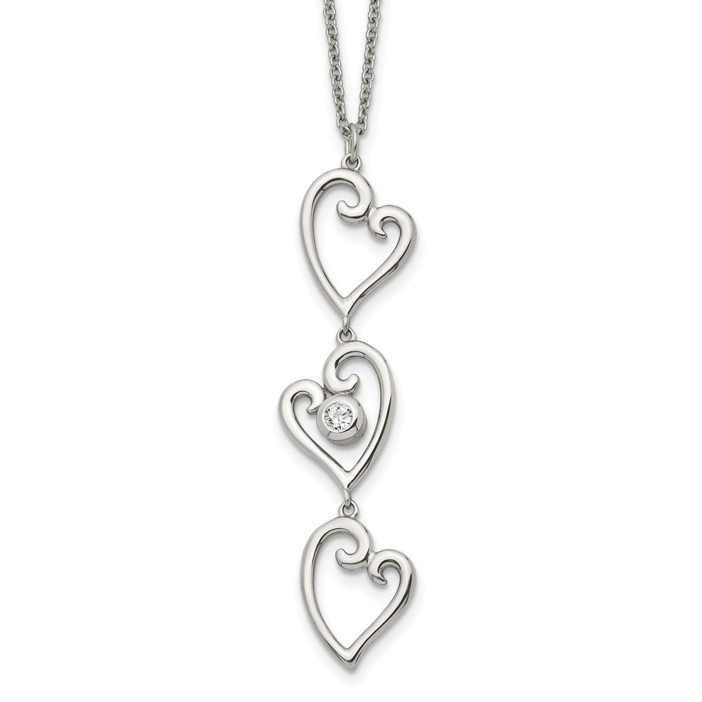 Stainless Steel Polished w/CZ Dangle Hearts 16in w/2in ext Necklace, 16 mm