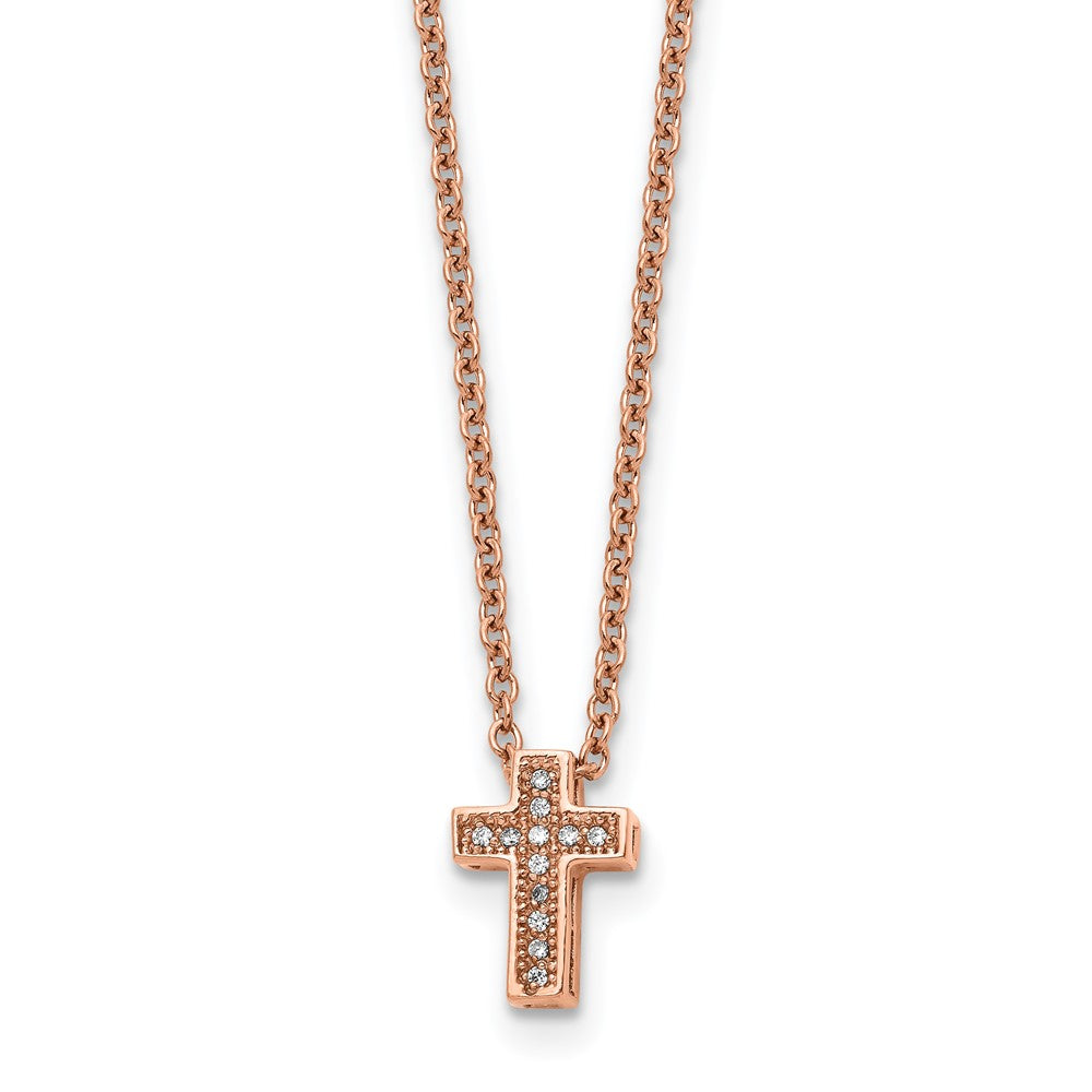 Stainless Steel Polished Rose IP-plated w/CZ Cross w/2in ext Necklace, 16.5 mm