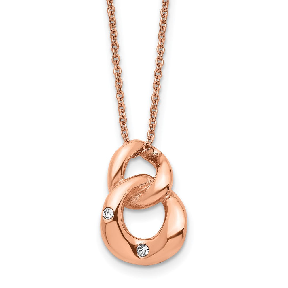 Stainless Steel Polished Rose IP-plated w/Crystal Two Loop 18in Necklace, 18 mm