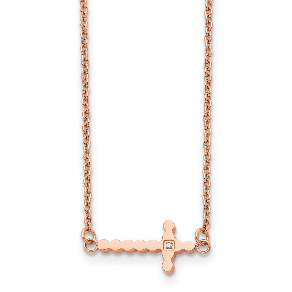 Chisel Stainless Steel Polished Rose IP-plated with CZ Sideways Cross on a 21.25 inch with 4.25in extension Cable Chain Necklace, 21.25 x 20 mm