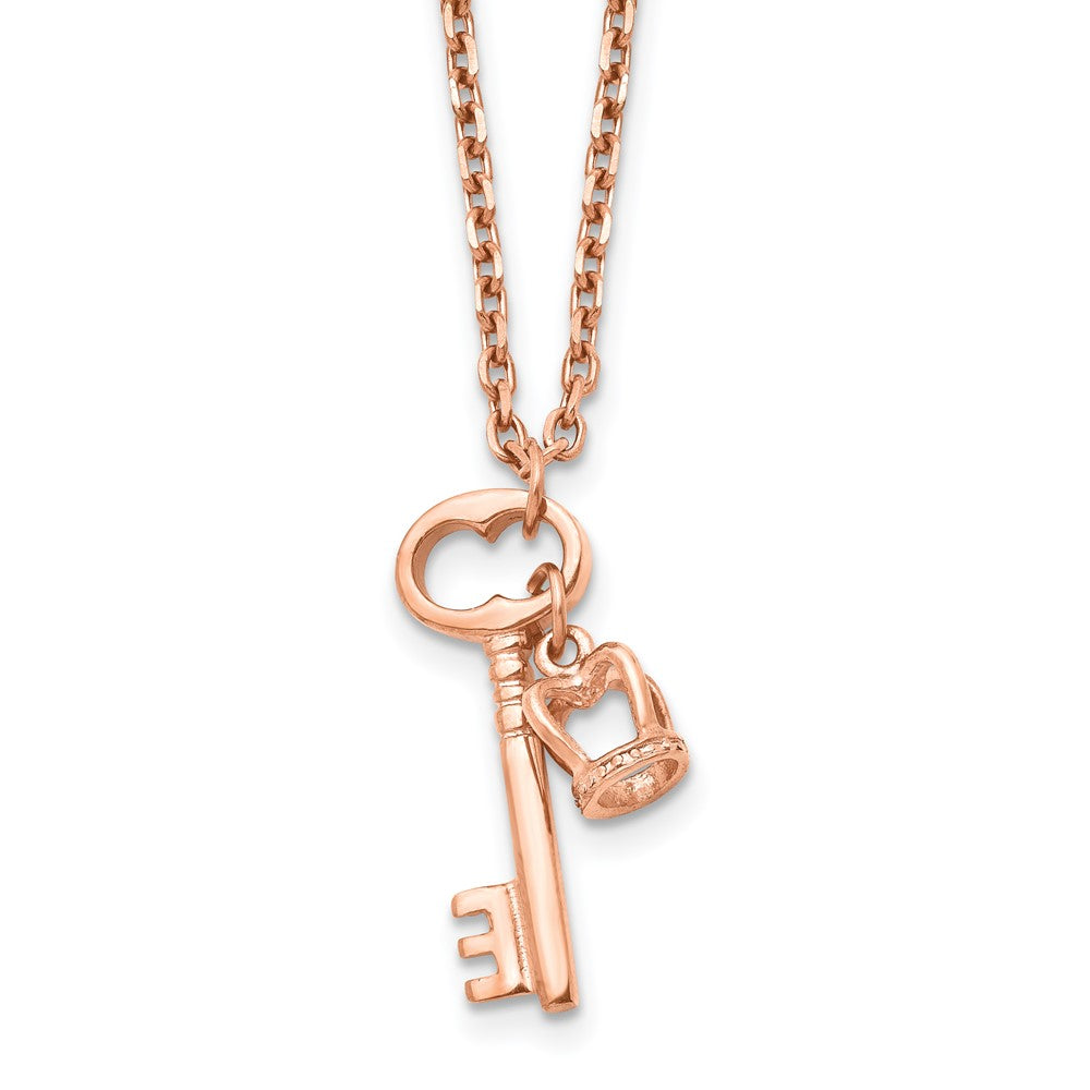 Stainless Steel Polished Rose IP Key & Crown 15.5in w/2 in ext Necklace, 15.5 mm