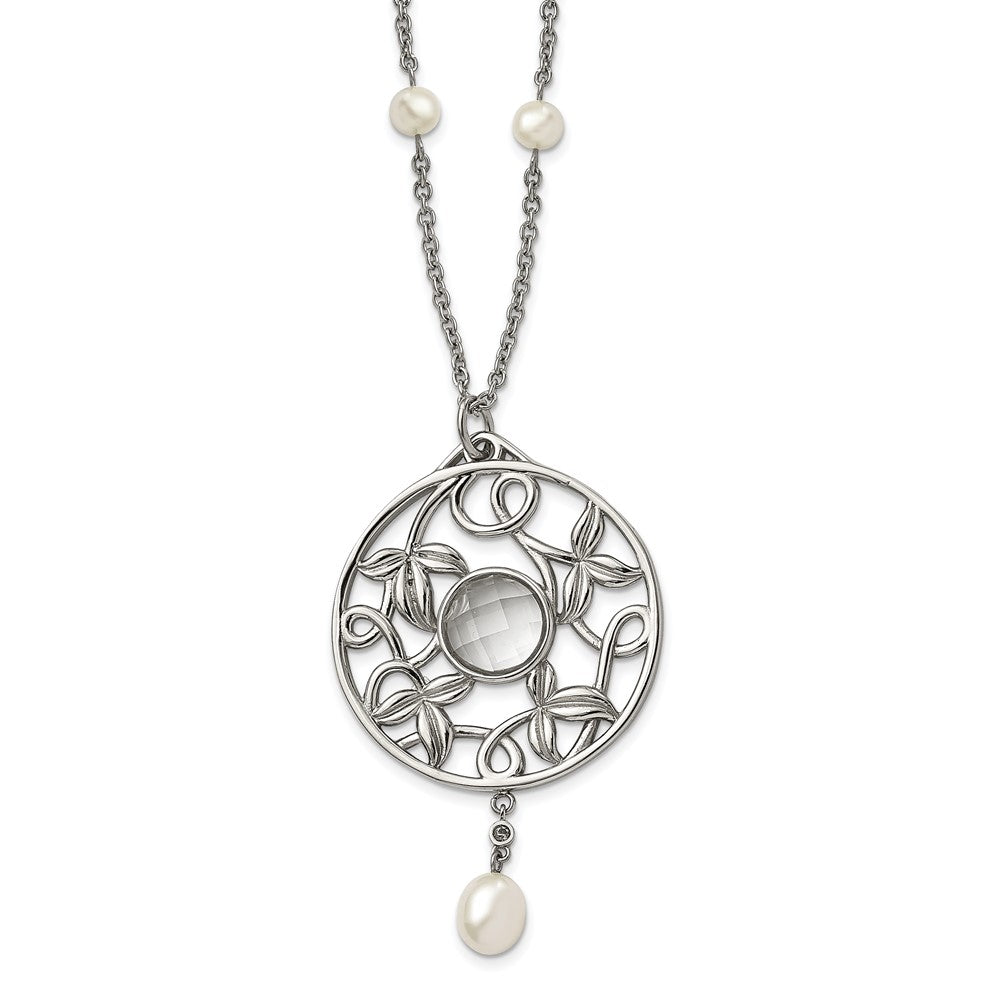 Stainless Steel Polished FWC Pearl & CZ & Glass 30in w/2in ext Necklace, 30 mm