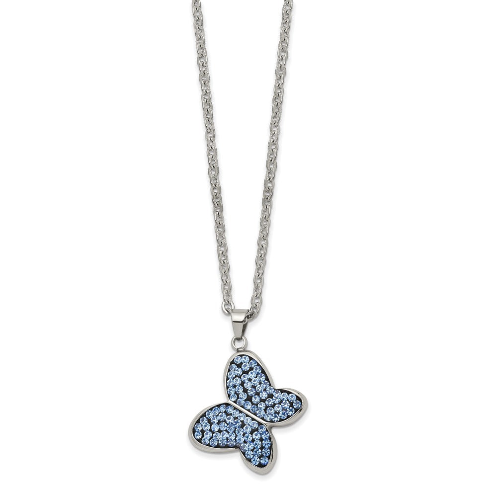 Chisel Stainless Steel Polished Blue Crystal Butterfly Pendant on a 22 inch Cable Chain Necklace, 22 x 20 mm