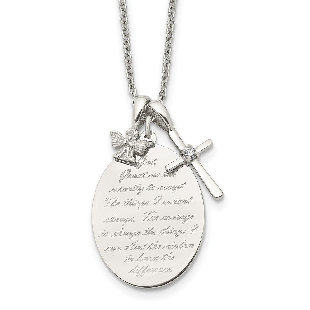 Chisel Stainless Steel Polished French Serenity Prayer with CZ Cross and Angel Pendants on an 18 inch Plus a 2 inch Extension Cable Chain Necklace, 18 x 19.97 mm