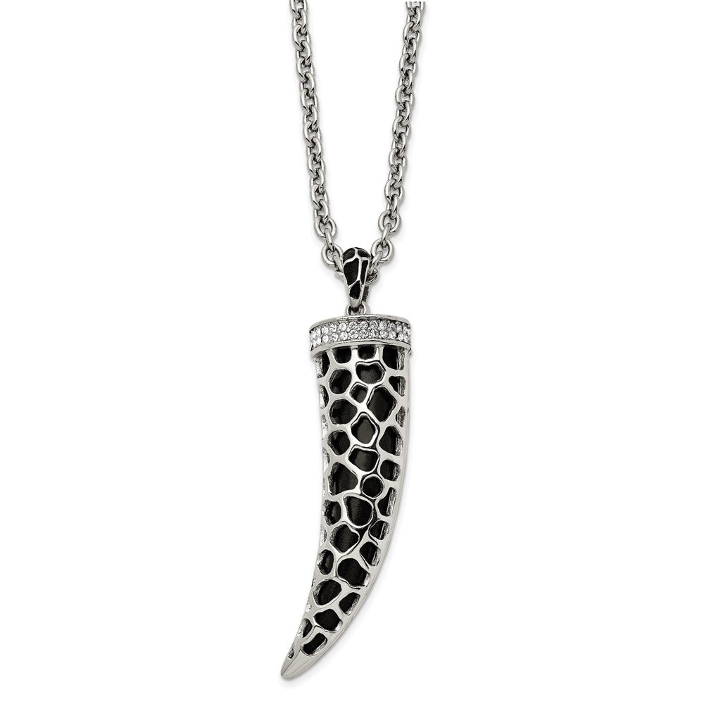 Stainless Steel 28in Polished Enamel w/Black Glass & Crystal Horn Necklace, 28 mm