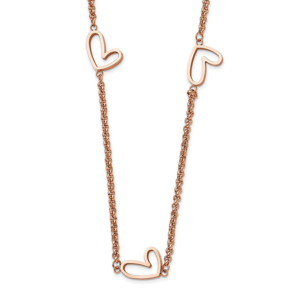 Stainless Steel Polished Rose IP-Plated Hearts 38in Necklace, 38 mm