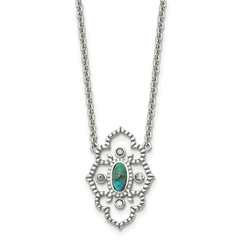 Stainless Steel Polished CZ and Imitation Turquoise w/2in ext Necklace, 16 mm