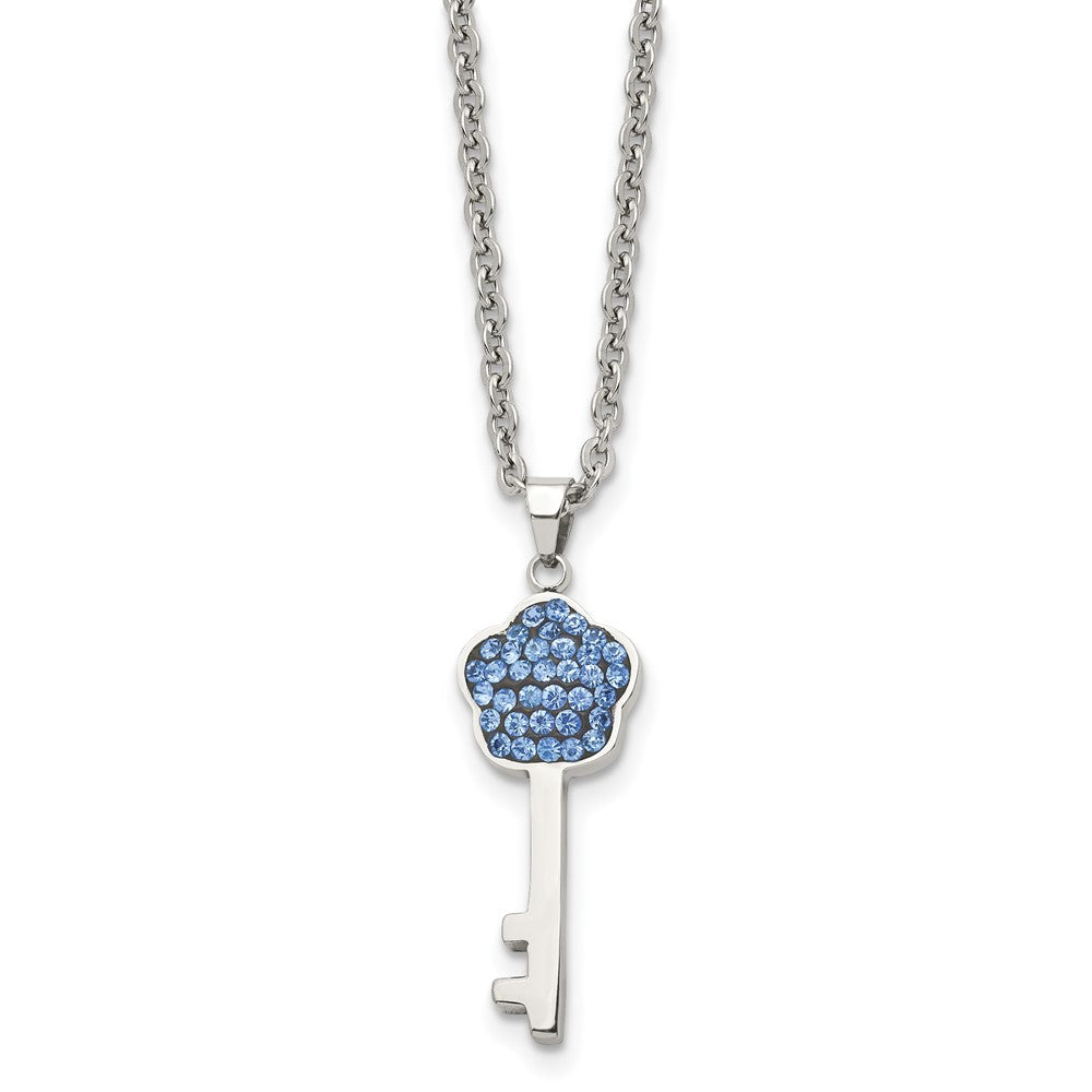Stainless Steel Polished Blue Crystal Flower Key18 inch Necklace, 18 mm