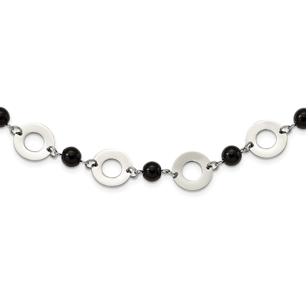 Stainless Steel Polished w/Black Agate w/1.5in ext Leather Cord Necklace, 27 mm