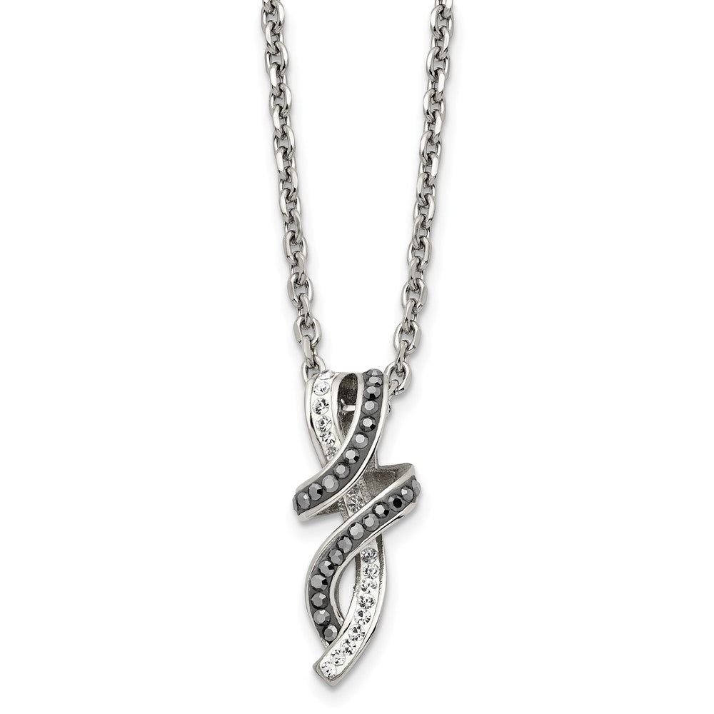 Chisel Stainless Steel Polished Black and White Crystal Fancy Twisted Pendant on an 18 inch Cable Chain Necklace, 18 x 12 mm