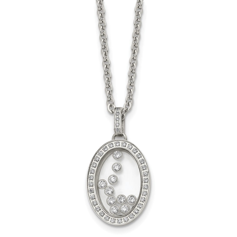 Stainless Steel Polished w/Moving CZ Floating in Glass Oval 18in Necklace, 18 mm