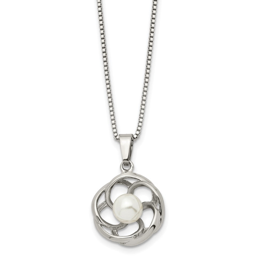 Chisel Stainless Steel Polished with Freshwater Cultured Pearl Flower Pendant on an 18 inch Box Chain Necklace, 18 x 19 mm