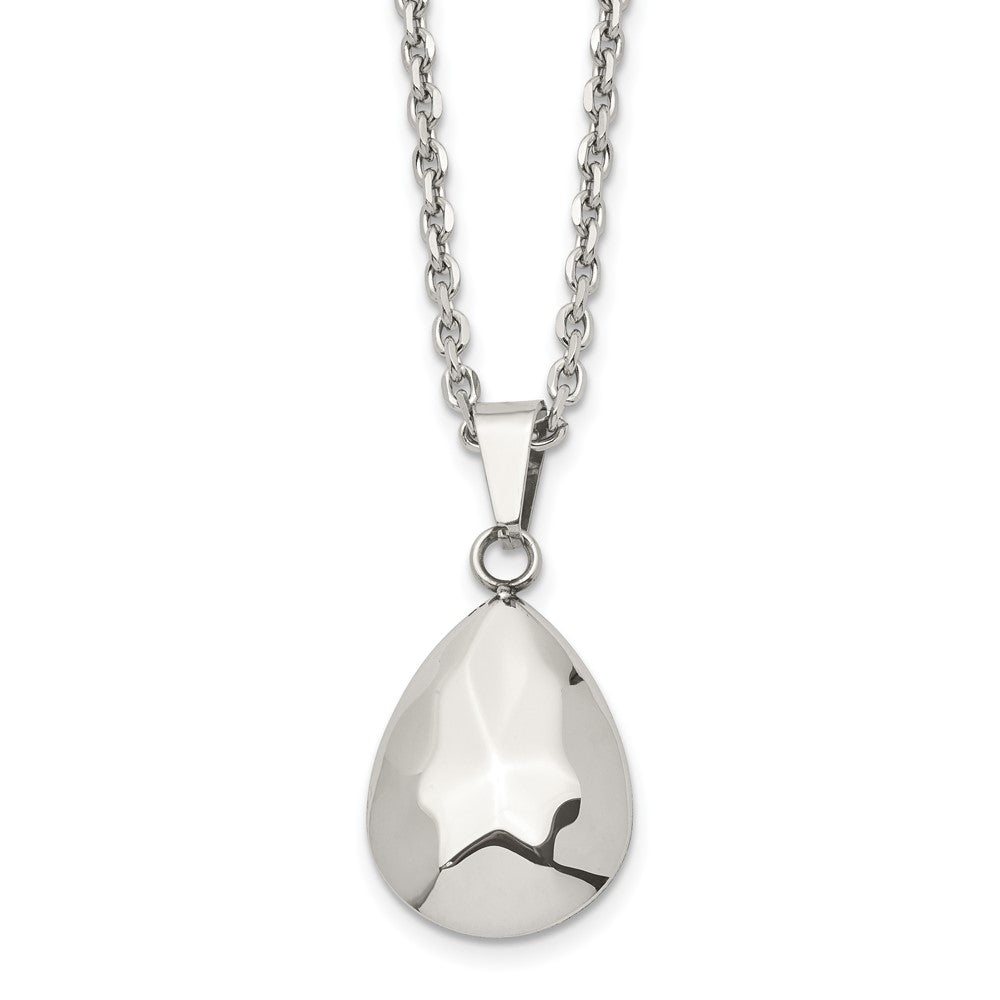 Stainless Steel Polished Hammered Hollow Teardrop Puff 18in Necklace, 18 mm