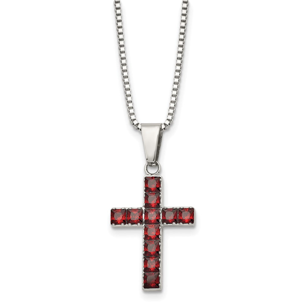 Chisel Stainless Steel Polished with Red Square CZ Cross Pendant on an 18 inch Box Chain Necklace, 18 x 19 mm