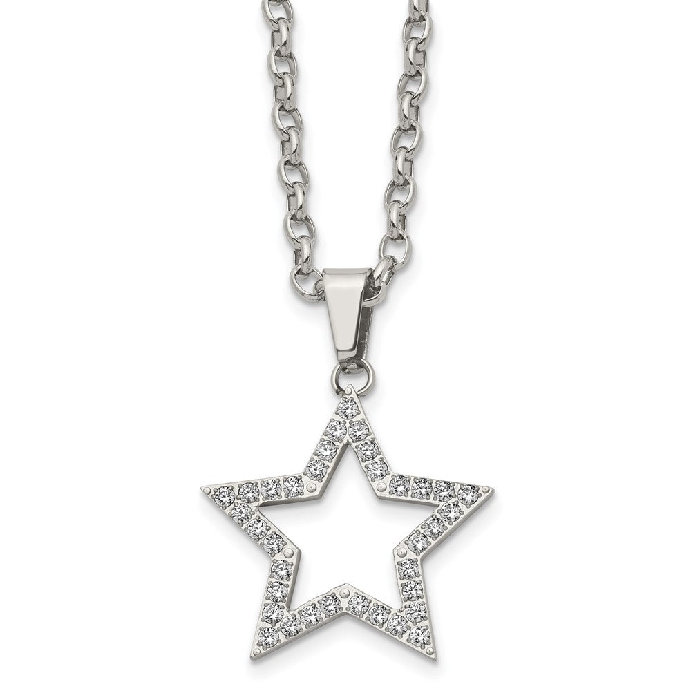 Stainless Steel Polished CZ Star 18in Necklace, 18 mm
