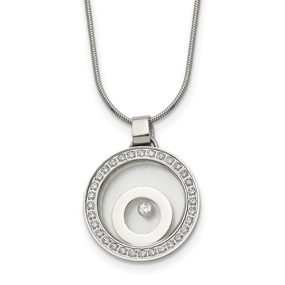 Stainless Steel Polished with Moving CZ Floating in Glass Circle Necklace, 18 mm