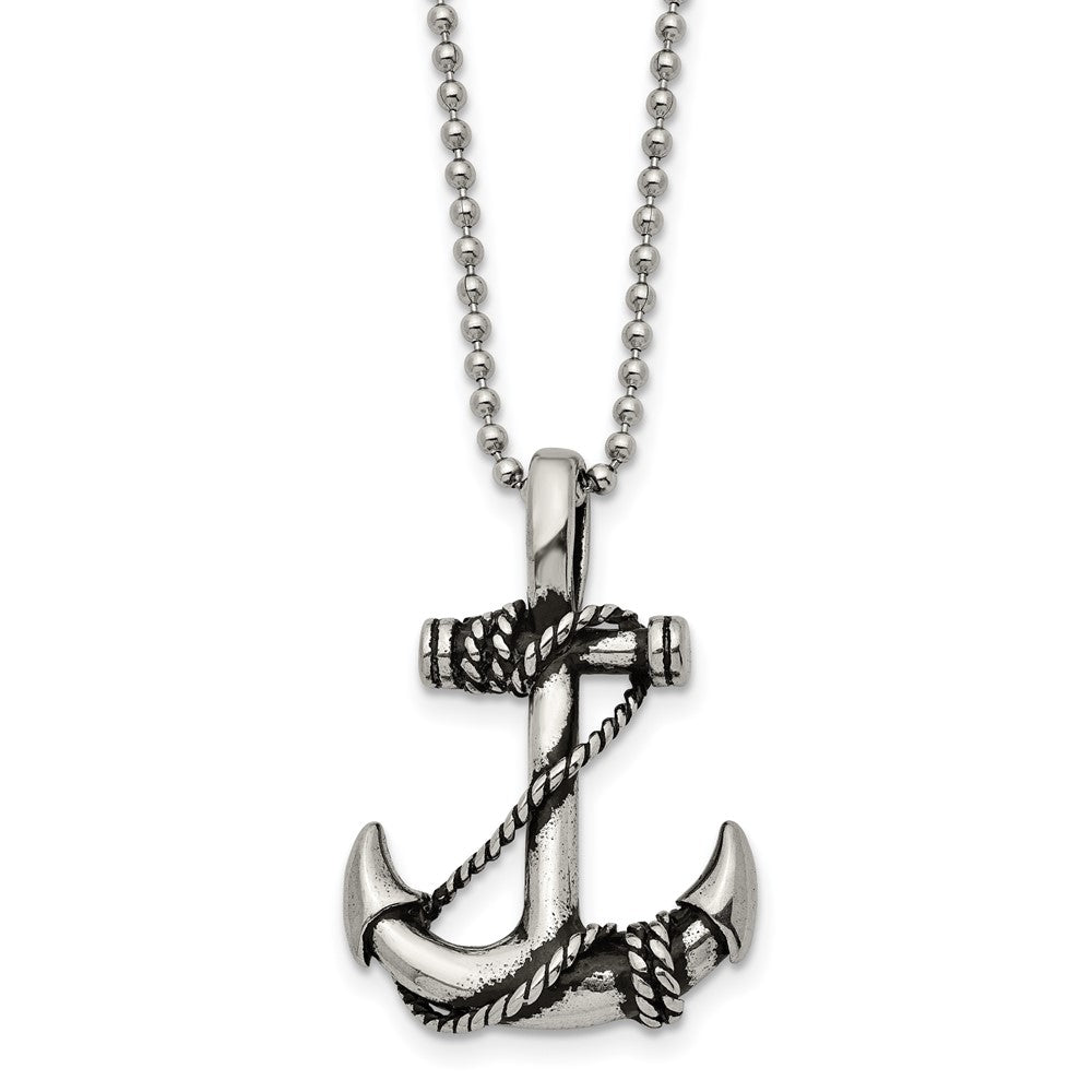 Chisel Stainless Steel Antiqued and Polished Anchorwiht Rope Pendant on a 22 inch Ball Chain Necklace, 22 x 24.88 mm